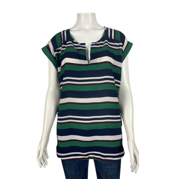 7th Avenue Design New York & Company Striped Shirt Large Green Short Sleeve - Picture 1 of 7